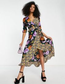 River Island mixed floral wrap midi dress in black at ASOS