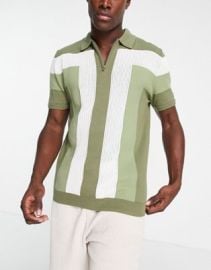 River Island short sleeve retro textured polo in green at ASOS