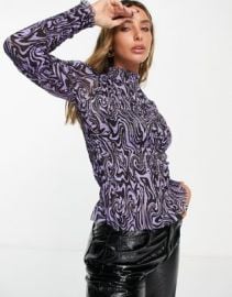 River Island swirl print ruched mesh top in purple at ASOS