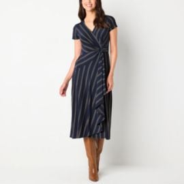 Robbie Bee Womens Short Sleeve Striped Fit Flare Dress Color Navy Taupe - JCPenney at JCPenney