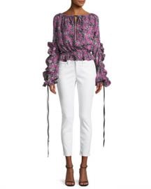 Robert Rodriguez Orchid-Print Ruffle Long-Sleeve Silk Blouse at Neiman Marcus