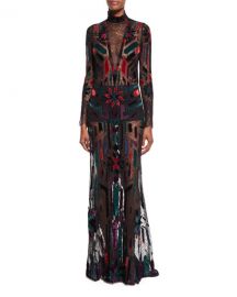 Roberto Cavalli Long-Sleeve Illusion Gown  Black Pattern   Neiman at Neiman Marcus