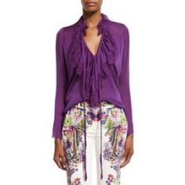 Roberto Cavalli Ruffled Self-Tie Silk Blouse  Violet at Neiman Marcus