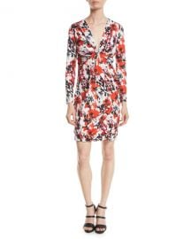 Roberto Cavalli Thistle Abstract-Print Jersey Long-Sleeve V-Neck Mini Dress at Neiman Marcus