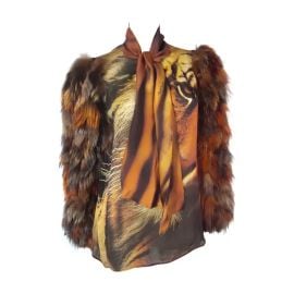 Roberto Cavalli Tiger Print Silk Blouse with Fur Sleeves at 1stDibs at 1st Dibs
