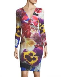 Roberto Cavalli V-Neck Long-Sleeve Fitted Floral-Print Dress at Neiman Marcus