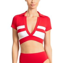 Robin Piccone Babe Stripe Short Sleeve Bikini Top at Nordstrom