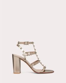 Rockstud Metallic Calfskin Leather Ankle Strap Sandal 90 Mm for Woman in Skin Valentino US at Valentino