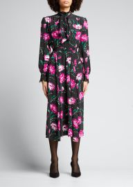 Rodarte Floral-Print Neck-Tie Silk Midi Dress w Lace Trim - at Bergdorf Goodman