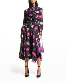 Rodarte Floral-Print Neck-Tie Silk Midi Dress w Lace Trim at Neiman Marcus