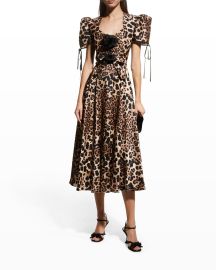 Rodarte Leopard Puff-Sleeve Belted Silk Twill Midi Dress at Neiman Marcus