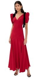 Rodarte Red Short Sleeve Silk Crepe Bias Dress With Black Velvet Bows Red 6 at Shopbop