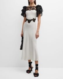 Rodarte Silk Crepe Dress With Black Rose Lace Details at Neiman Marcus