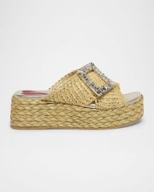 Roger Vivier Strass-Buckle Raffia Platform Sandals at Neiman Marcus