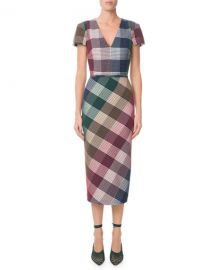 Roland Mouret Chaney V-Neck Cap-Sleeve Plaid Sheath Midi Dress at Neiman Marcus