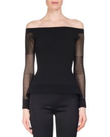 Roland Mouret Leafield Lace-Sleeve Sculpted Knit Off-the-Shoulder Top at Neiman Marcus