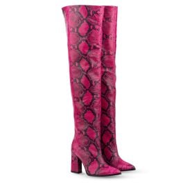 Rosamund Muir London Roma Pink Black Snake Print Over Knee Boots at Wolf & Badger