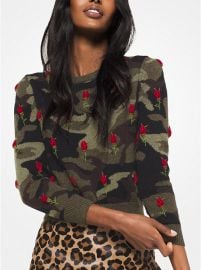 Rose Embroidered Camouflage Cashmere Pullover by Michael Kors at Michael Kors