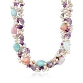 Ross-Simons 4-65mm Cultured Pearl And Multi-stone Torsade Necklace With Sterling Silver Shop Premium Outlets at Shop Simon