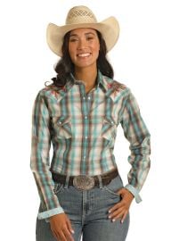 Roughstock Teal Plaid With Floral Embroidery Women39s Shirt by Panhand Stone Creek Western Shop at Stone Creek Western Shop