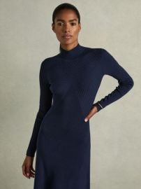 Round Neck Ribbed Midi Dress in Navy REISS USA at Reiss