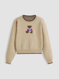 Round Neckline Graphic Bear Long Sleeve Sweater - Cider at Cider