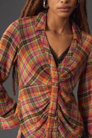Ruched Deep V Flannel Shirt at Anthropologie