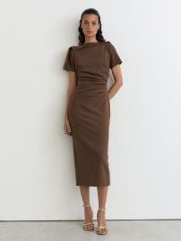 Ruched-Detail Boat-Neck Midi Dress in Mocha Brown - Size US 0 at Reiss