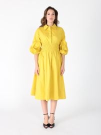 Ruched Puff Sleeve amp Waist A Line Midi Dress Gracia Fashion at Gracia