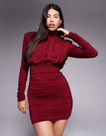 Ruched Ready Hourglass high neck padded shoulder sculpted drape detail mini dress in dark red at ASOS
