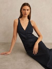 Ruched Sleeveless Midi Dress With Linen in Navy - Size US 0 at Reiss