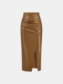 Ruched Slit PU Leather Midi Skirt at Commense