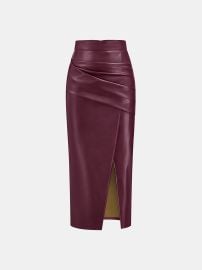 Ruched Slit PU Leather Midi Skirt COMMENSE at Commense