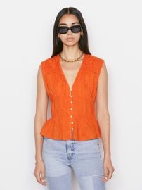 Ruched V-Neck Sleeveless Blouse Orange Crush  at FRAME