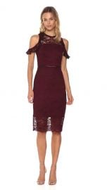 Ruffle Cold Shoulder Lace Midi Dress with Peakaboo Hem by Bebe at Amazon