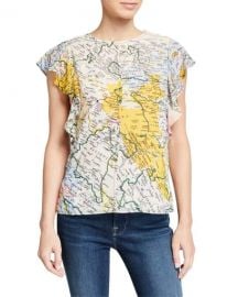 Ruffle-Sleeve Map Crewneck Top at Last Call