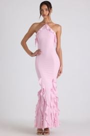 Ruffle-Trim Halterneck Gown in Soft Pink at Oh Polly