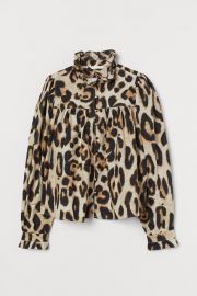 Ruffle-trimmed Blouse in Light Beige / Leopard Print at H&M