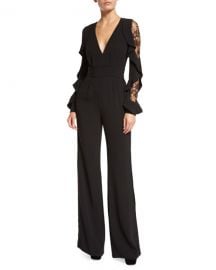 Ruffled Lace-Sleeve Crepe Jumpsuit by Elie Saab at Bergdorf Goodman