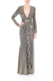 Runway Sequin V Neck Ruffle Gown at Badgley Mischka