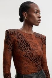 Rust Animal Stretch Velvet Devore Crew Neck Bodysuit USA at Karen Millen