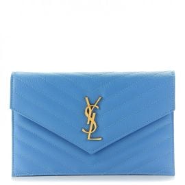 SAINT LAURENT Grain De Poudre Matelasse Chevron Monogram Envelope Chain Wallet Blue Clair 134557 FASHIONPHILE at Fashionphile