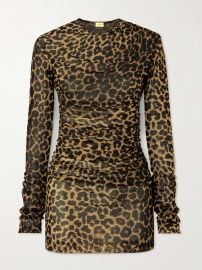 SAINT LAURENT Leopard-print ruched mesh mini dress at Net a Porter