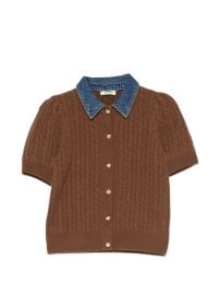 SANDRO Cardigan With Denim Collar Brown at Farfetch