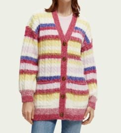 SCOTCH SODA Brushed Mixed Stripe Mid Length Cardigan In Cherry Pie ShopSimon at Shop Simon