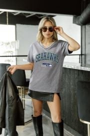 SEATTLE SEAHAWKS ICONIC EDGE RHINESTONE TRIM V-NECK TEE Gameday Couture - SOHO at Shop The Soho