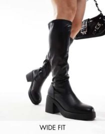 SEQWL Wide Fit knee-high block heel boots in black at ASOS