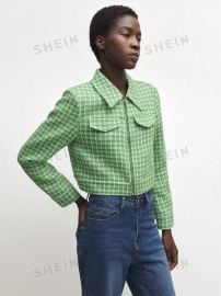 SHEIN BIZwear White & Green Plaid Print Tweed Turndown Collar Zip Up Long Sleeve Jacket at Shein