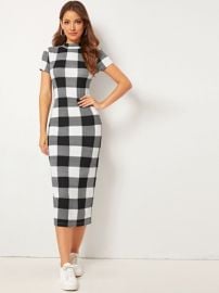 SHEIN Buffalo Plaid Mock-neck Slit Hem Pencil Dress  SHEIN USA at Shein