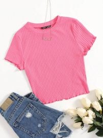 SHEIN EZwear Solid Lettuce Trim Rib-knit Tee at Shein